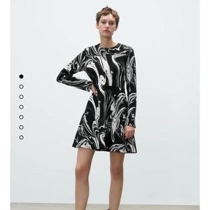 NWT Zara Black Jacquard White Casual Fit & Flare Dress L